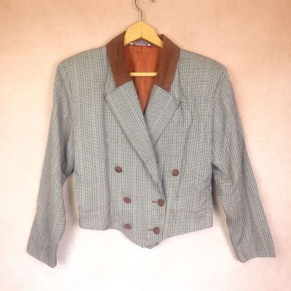 Vintage Marie Claire Houndstooth Two Button Cropped Blazer Suit Jacket Brown - Picture 1 of 10